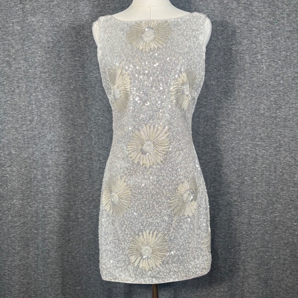 Elliatt Silver Sequin Mini Dress with Gold Embellished Flowers